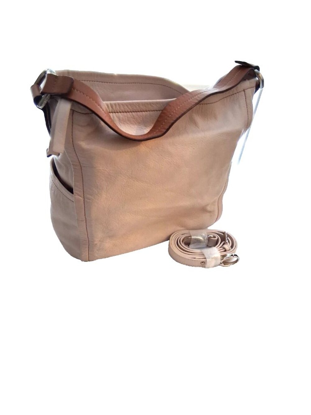 Nicoli Italian Large Leather Shoulder Bag Cream Ivory Brown Trim Soft Supple